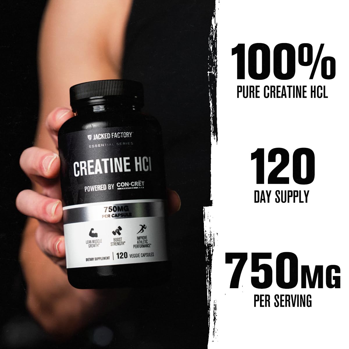 Jacked Factory creatine hcl cápsulas en primer plano que muestran la textura y pureza