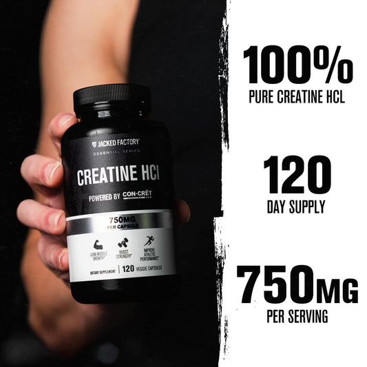 Jacked Factory creatine hcl cápsulas en primer plano que muestran la textura y pureza
