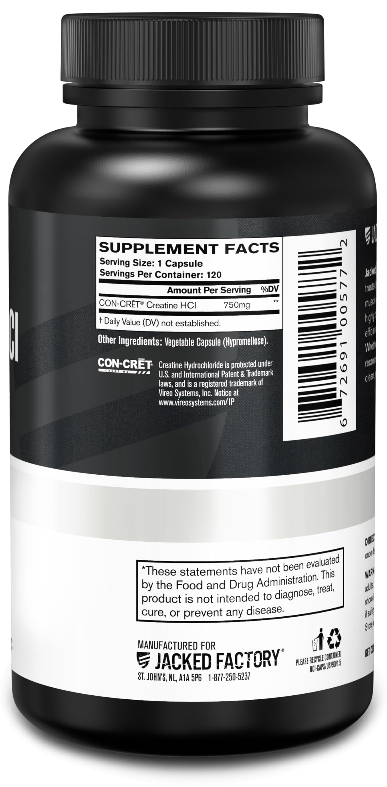 Jacked Factory creatine hcl frasco abierto y cápsulas que indican la cantidad por envase
