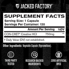Jacked Factory creatine hcl cápsulas junto a pesas destacando mejora de rendimiento