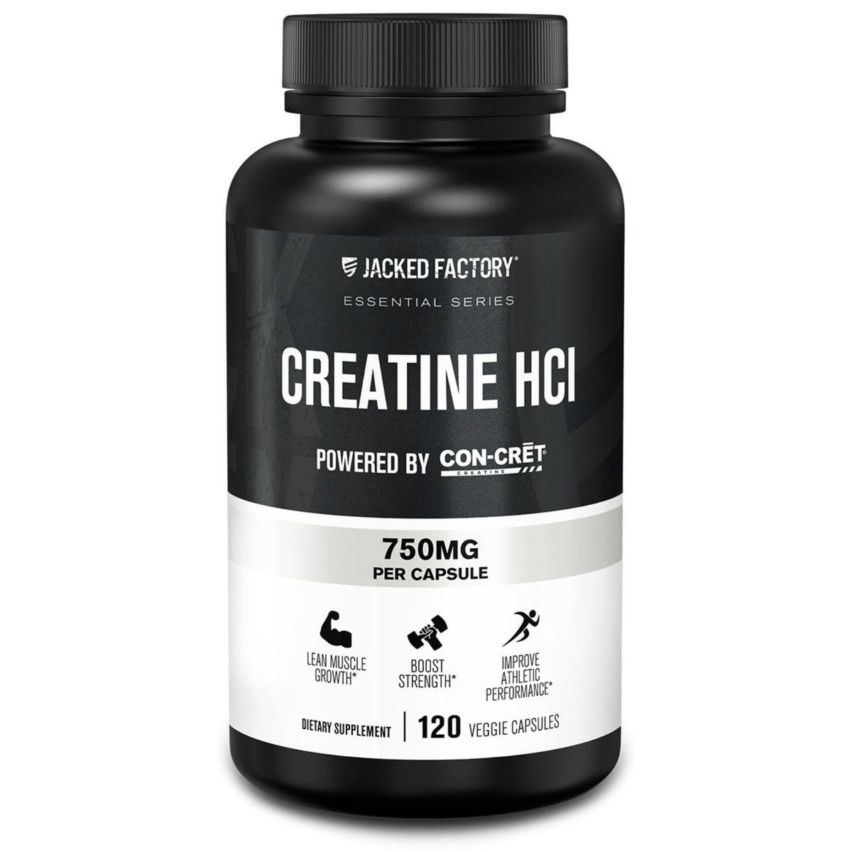 Jacked Factory creatine hcl frente del envase mostrando el tamaño y beneficios claros