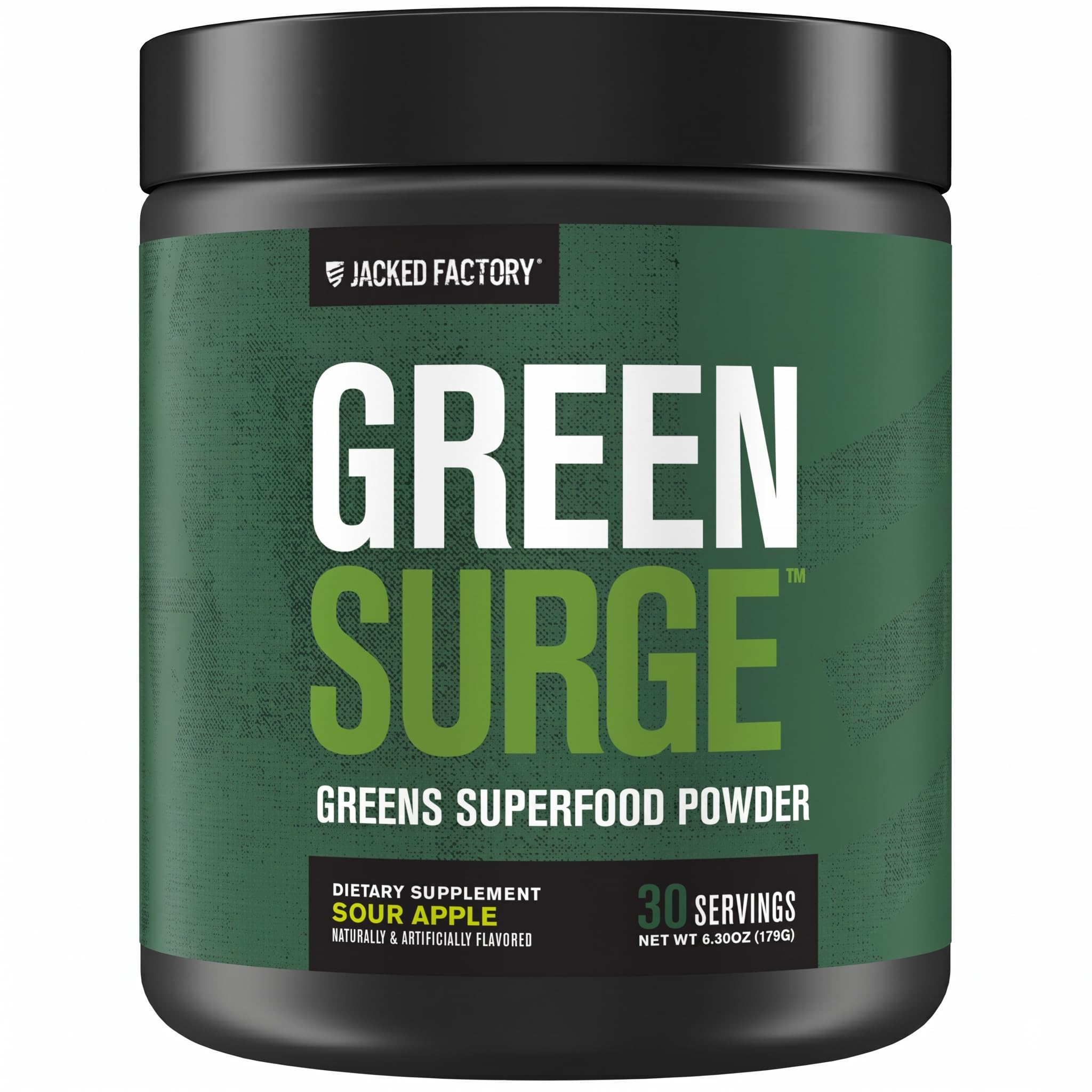 Jacked Factory empaque frontal Green Surge mostrando etiqueta y beneficios