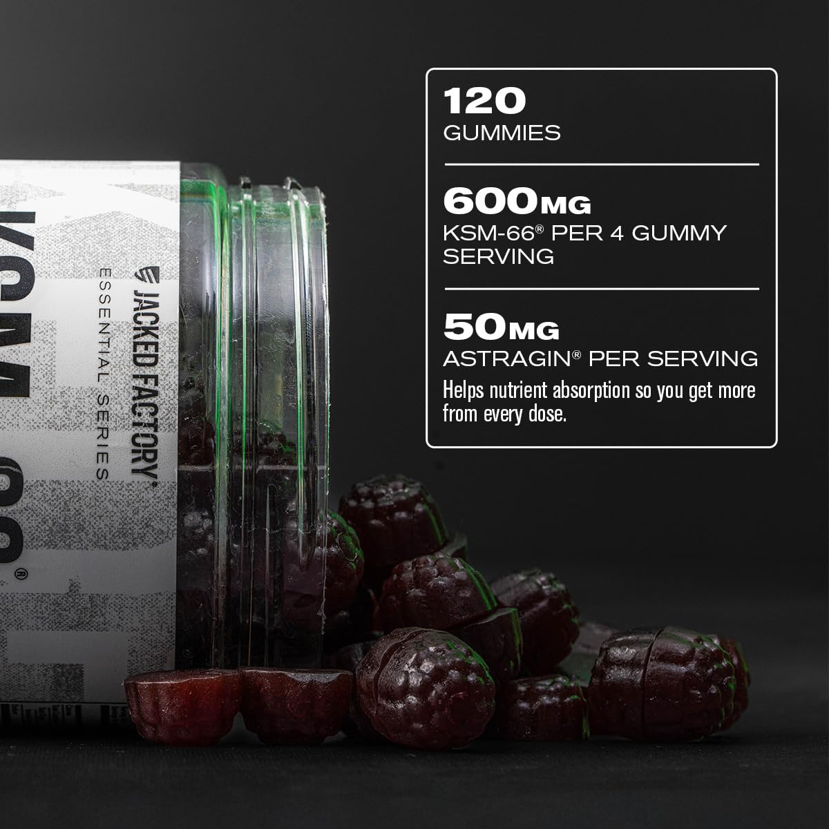 Jacked Factory etiqueta con información de KSM-66 y beneficios claros