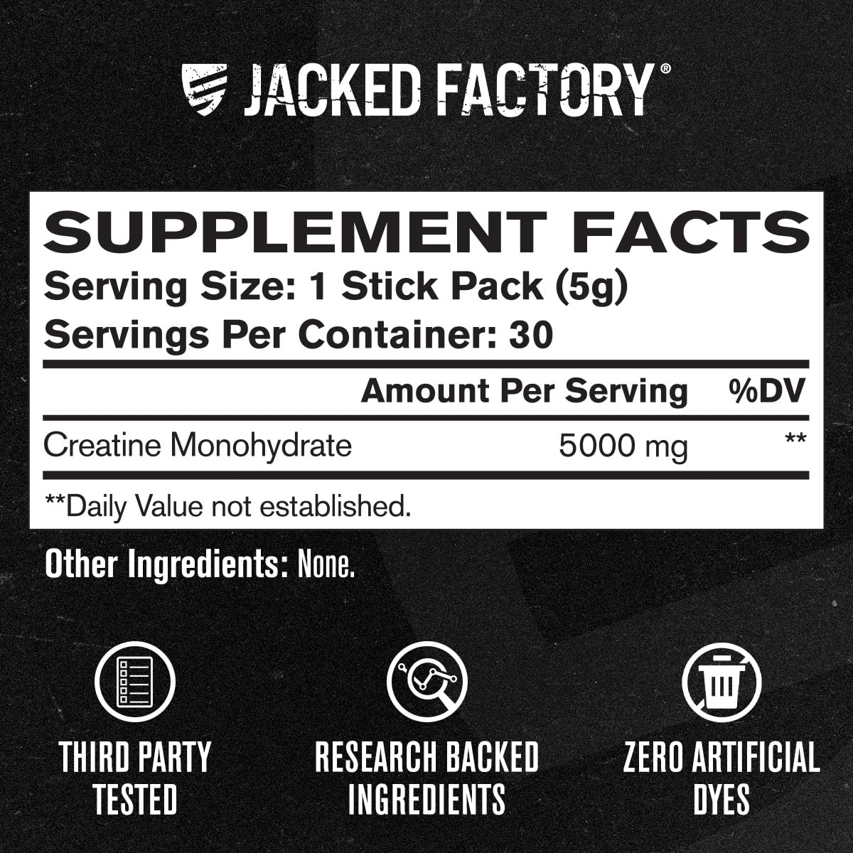 Jacked Factory etiqueta con certificaciones y pruebas de terceros