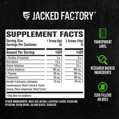 Jacked Factory etiqueta con información nutricional clara y lista de ingredientes