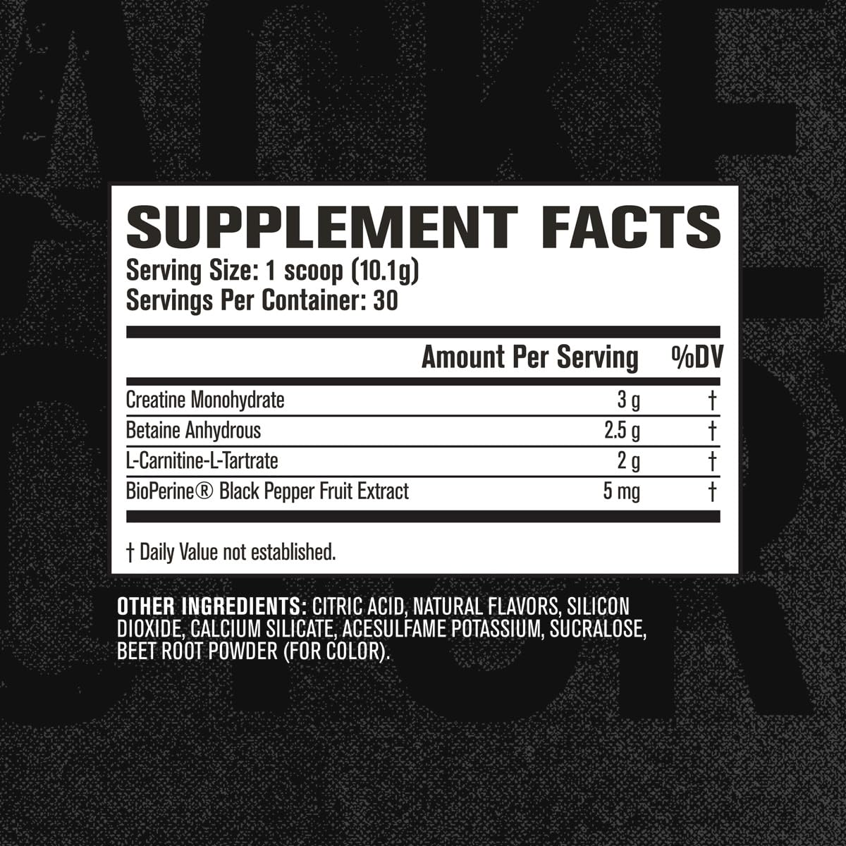 Jacked Factory etiqueta con lista de ingredientes y garantía de calidad