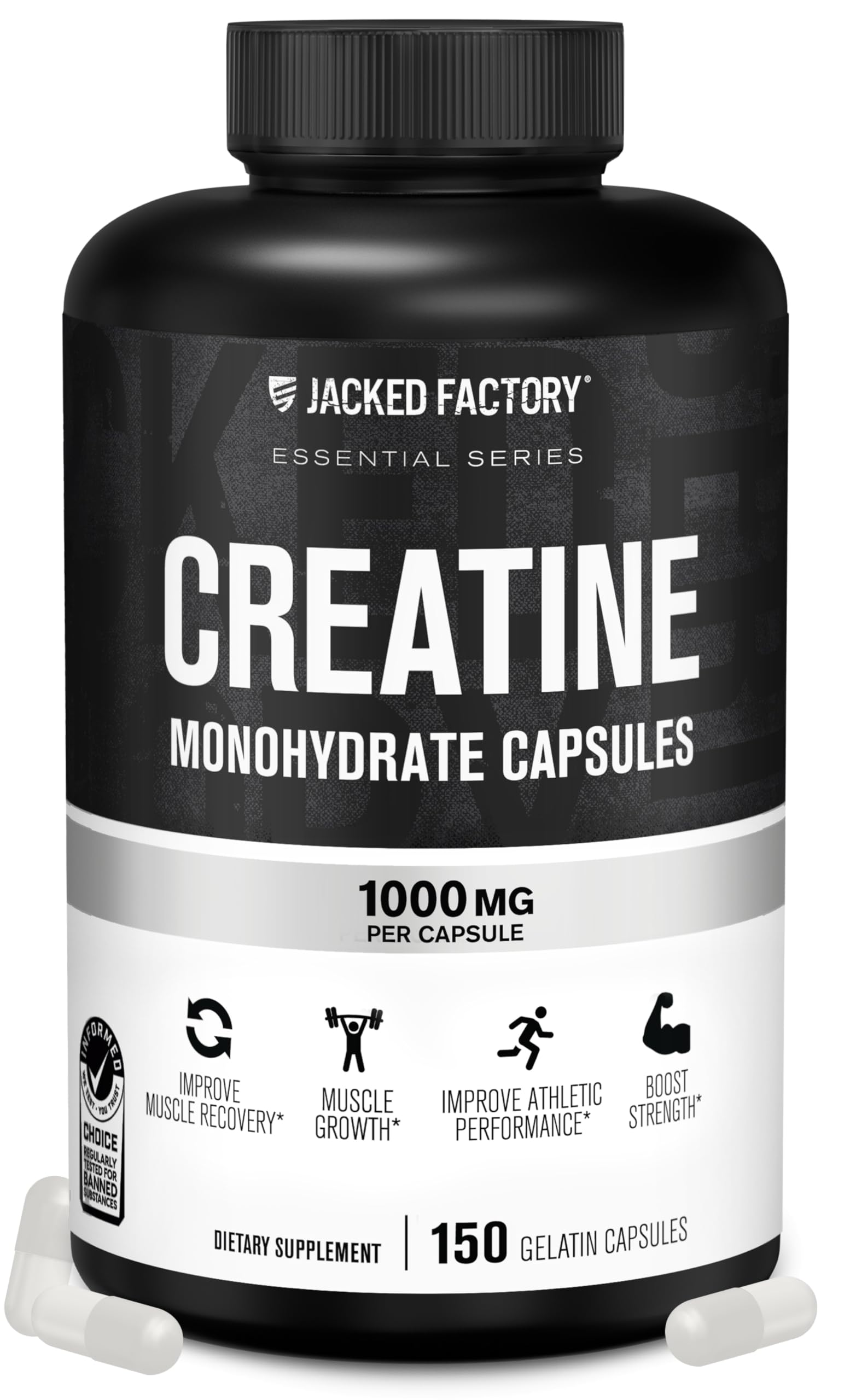 Jacked Factory envase frontal mostrando 150 cápsulas y beneficios prácticos