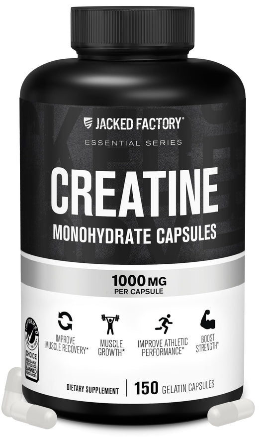 Jacked Factory envase frontal mostrando 150 cápsulas y beneficios prácticos