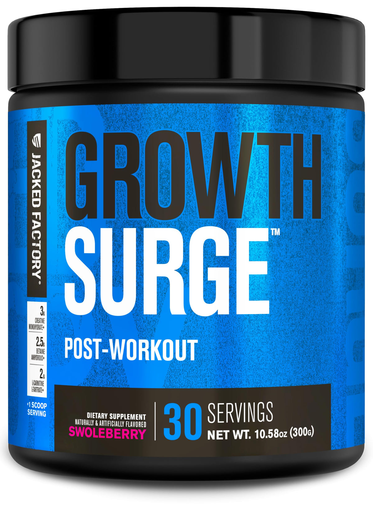 Jacked Factory envase frontal mostrando sabor Swoleberry y beneficio recuperación