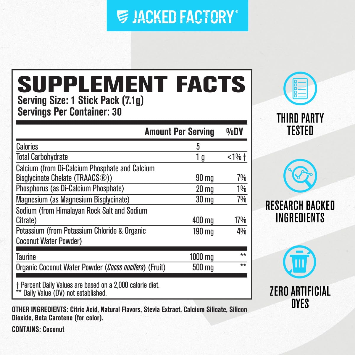 Jacked Factory etiqueta nutricional enfocada en electrolitos y ausencia de azúcar