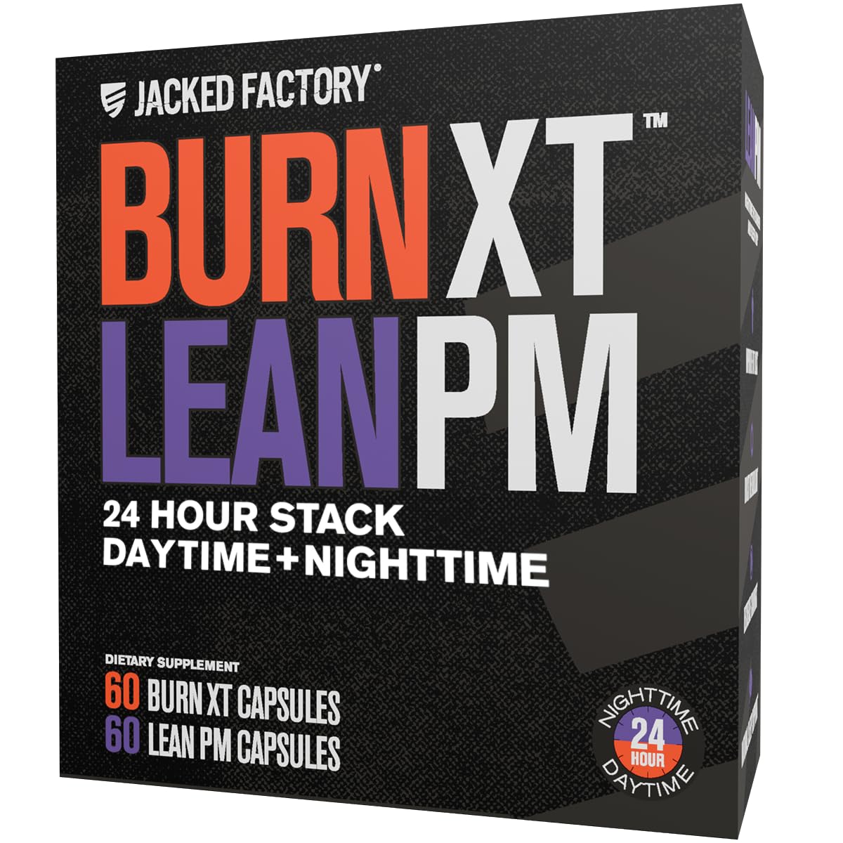 Jacked Factory kit frontal mostrando ambos frascos y beneficio de soporte 24 horas