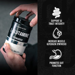 Bote Jacked Factory L-Glutamine 100 servicios, formato duradero para entrenamientos