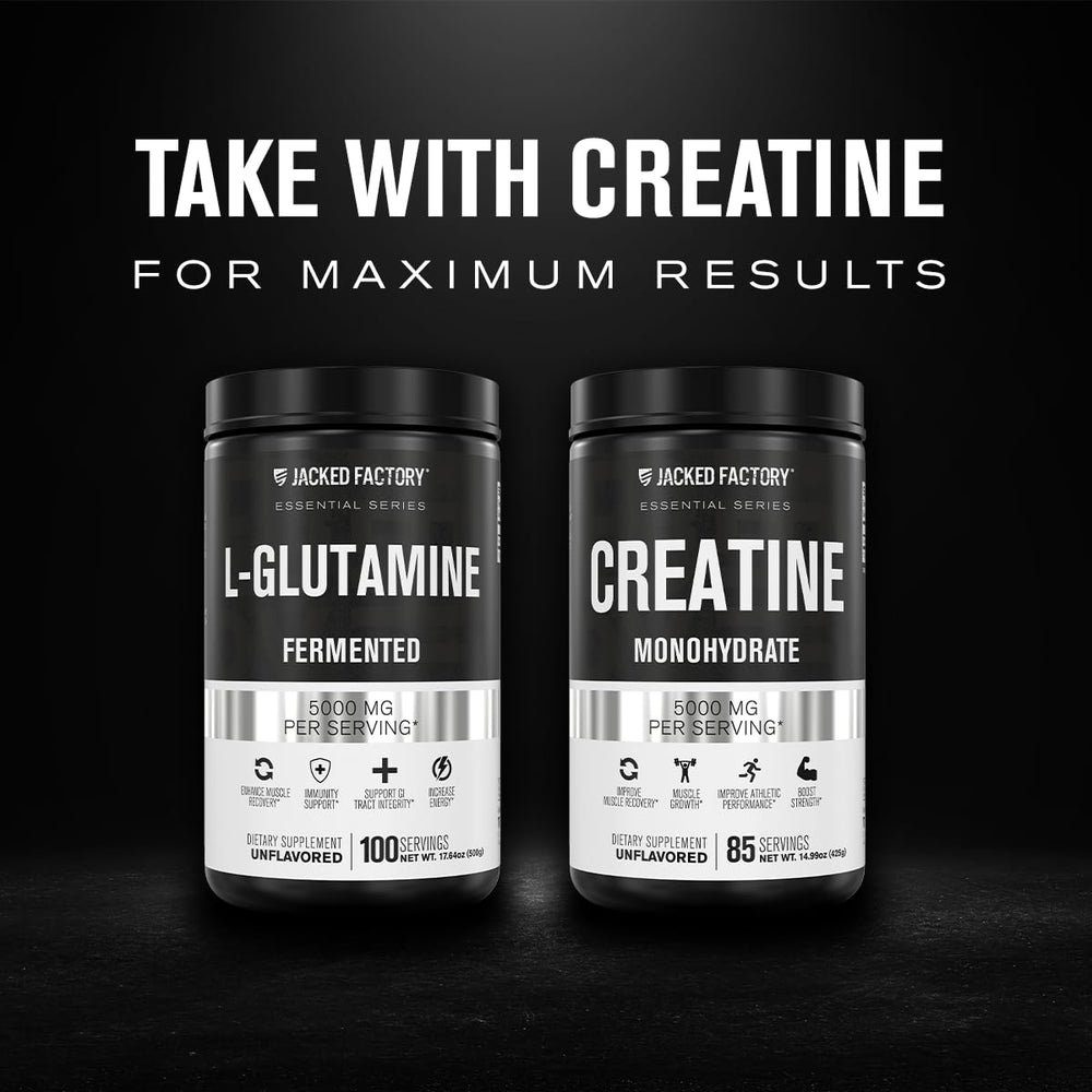 Disolución del polvo Jacked Factory L-Glutamine en vaso, rápida mezcla y conveniencia