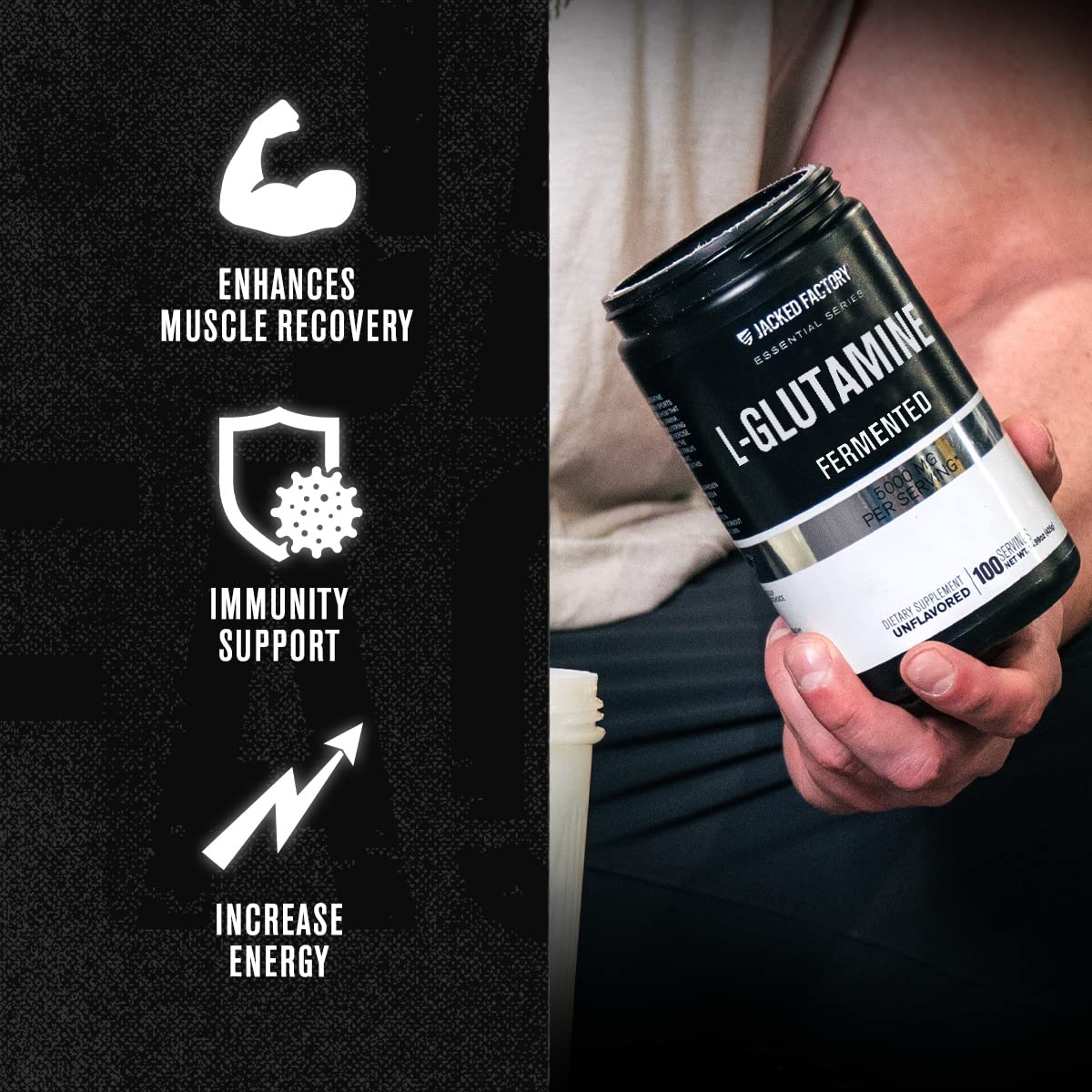 Etiqueta de Jacked Factory L-Glutamine con tabla nutricional, claridad en ingredientes