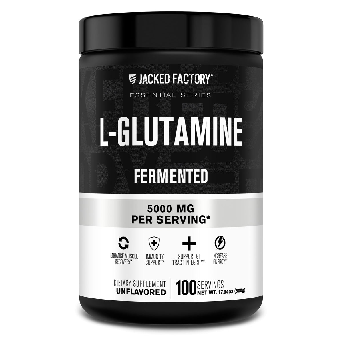 Jacked Factory envase frontal de L-Glutamine mostrando marca y sin sabor, fácil identificación