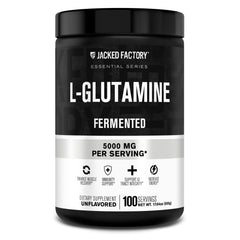 Jacked Factory envase frontal de L-Glutamine mostrando marca y sin sabor, fácil identificación