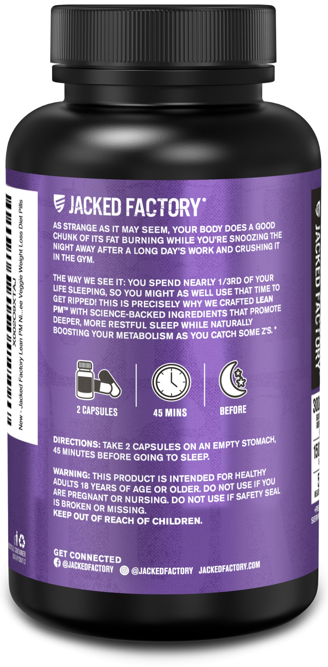 Jacked Factory Lean PM embalaje y frasco ilustrando fabricación responsable