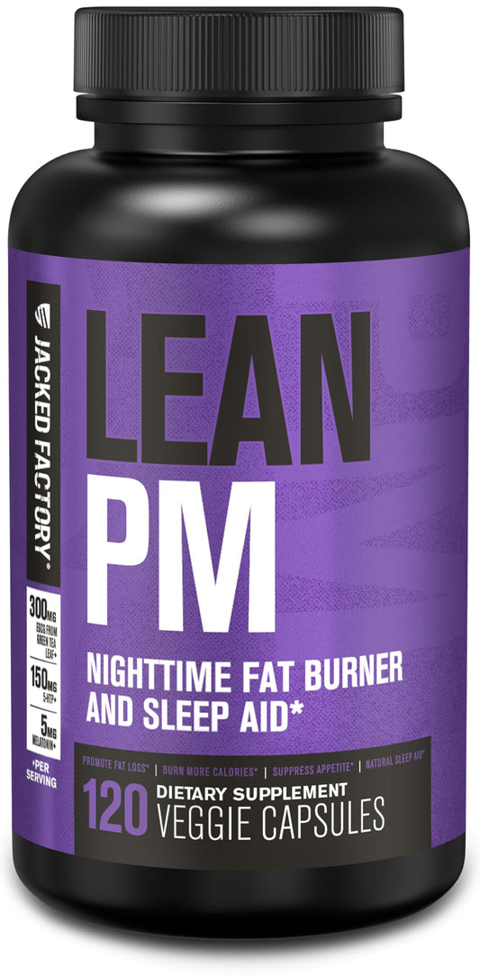 Jacked Factory Lean PM frontal mostrando el envase y beneficio de quema nocturna