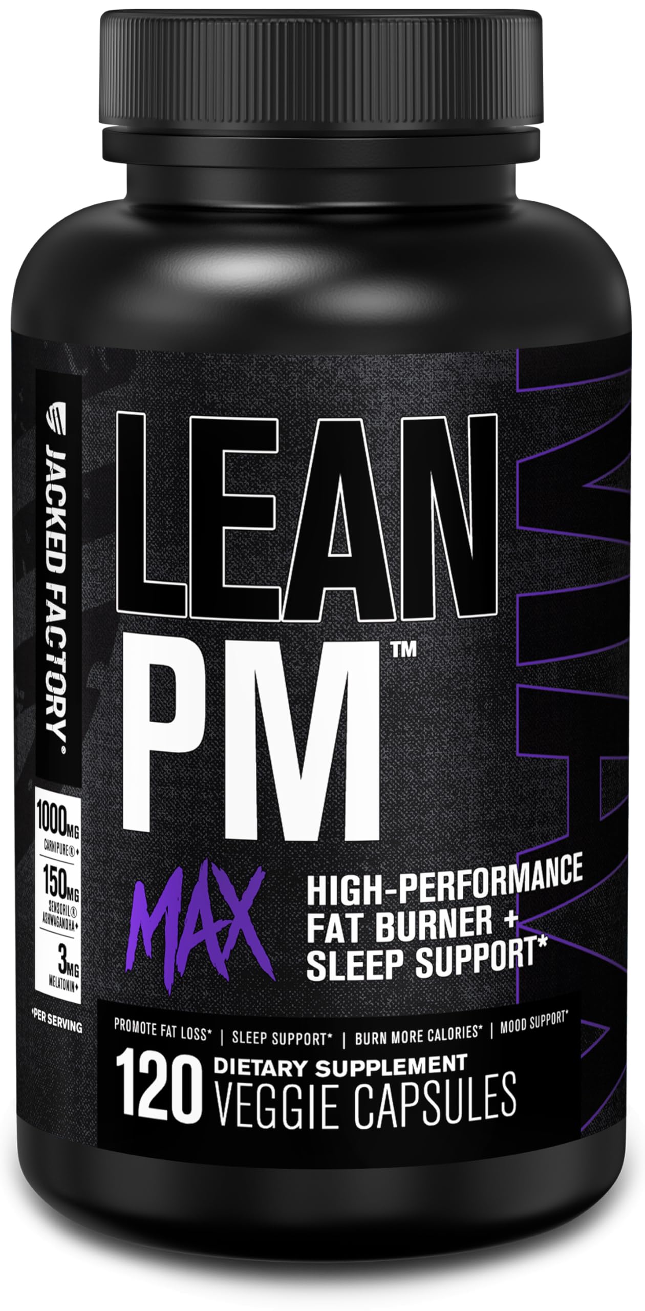 Jacked Factory envase frontal mostrando fórmula nocturna y beneficio para control del apetito