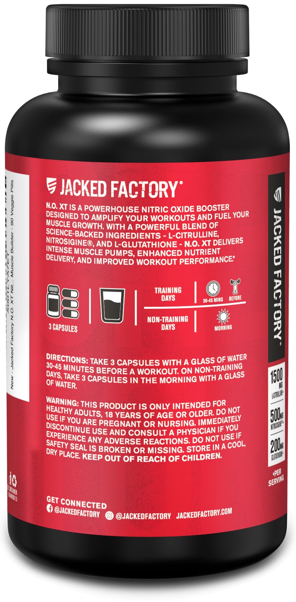 Botella abierta de Jacked Factory N.O. XT con cápsulas visibles para inspección