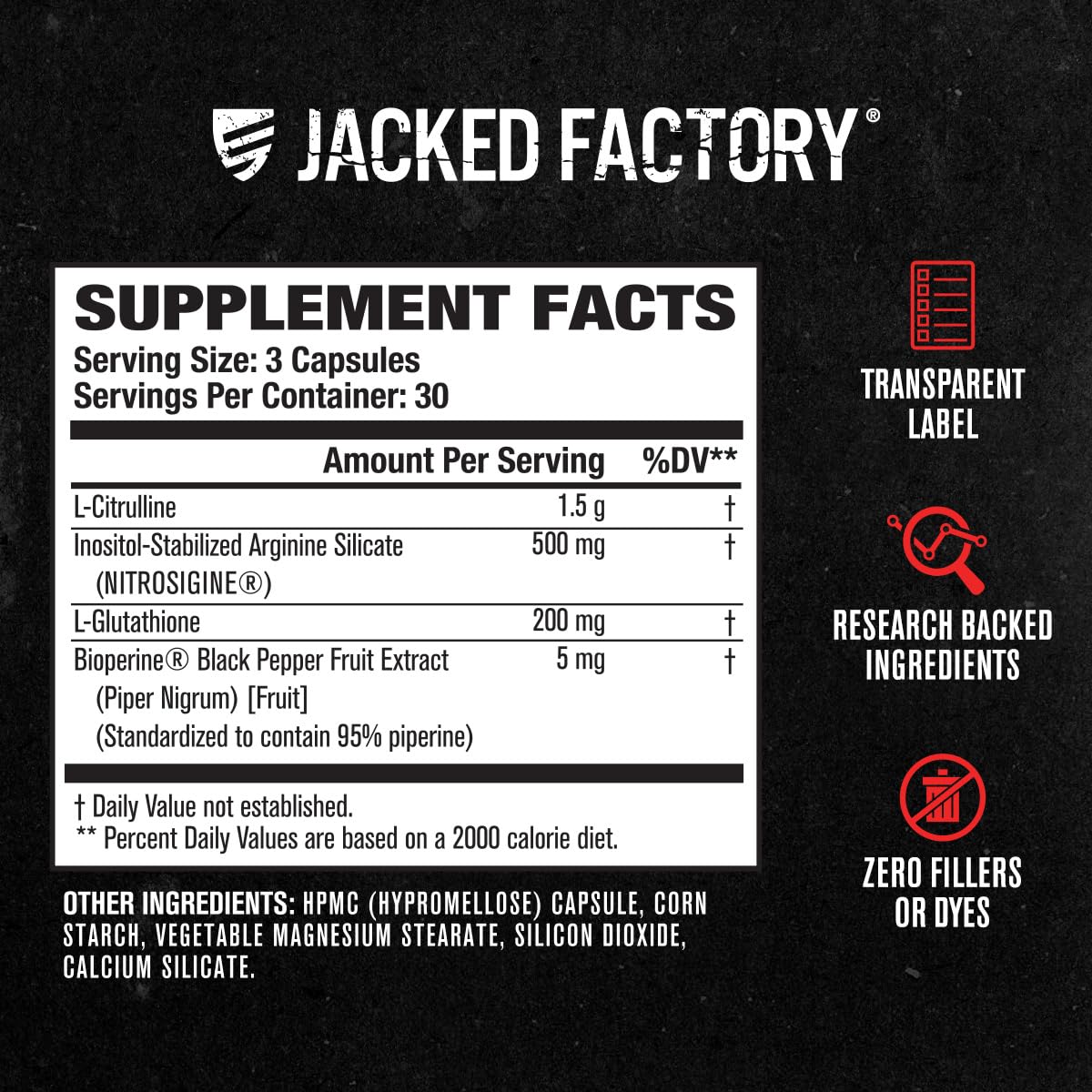 Etiqueta de Jacked Factory N.O. XT con lista de Nitrosigine y otros ingredientes clave