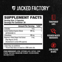 Etiqueta de Jacked Factory N.O. XT con lista de Nitrosigine y otros ingredientes clave