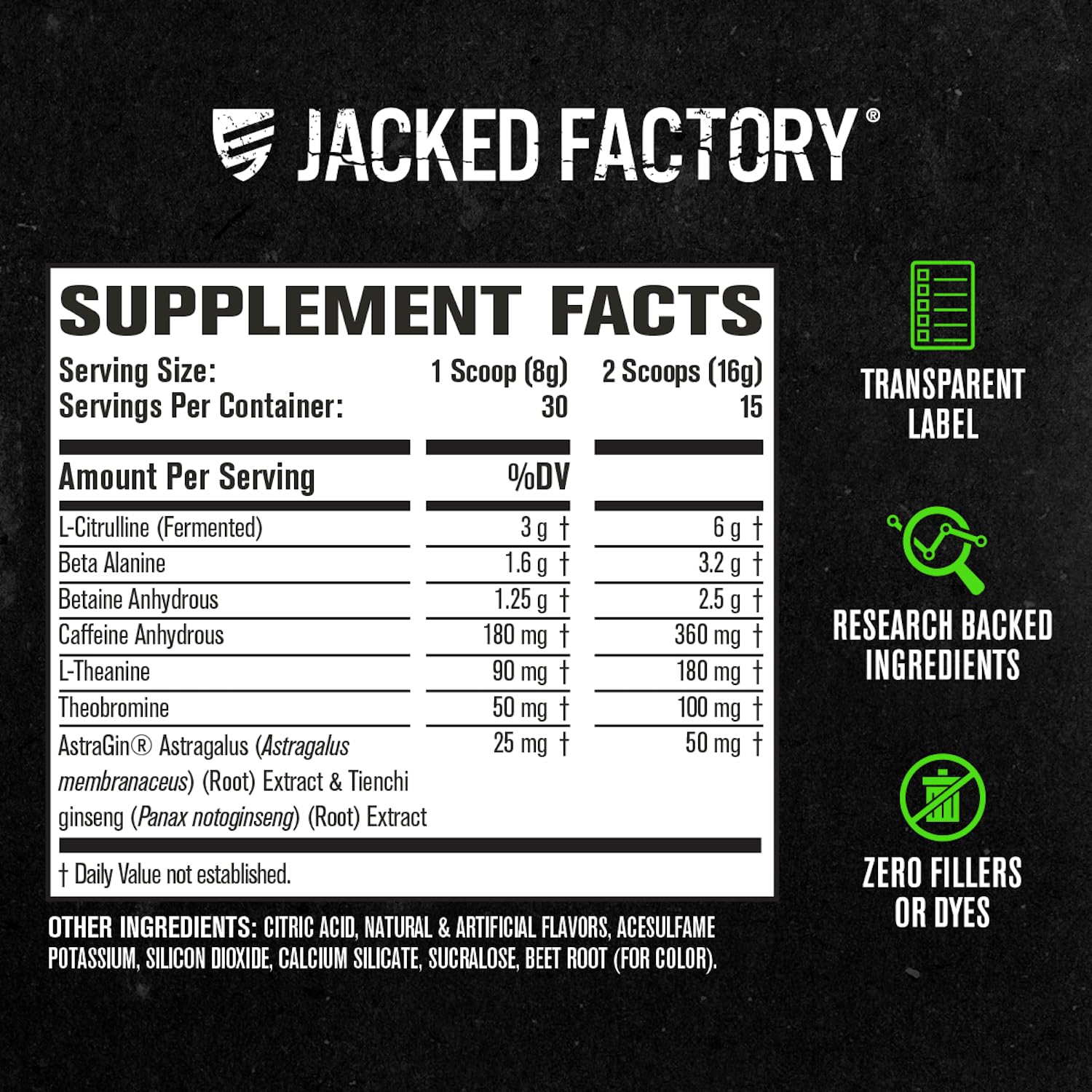 Jacked Factory envase junto a regla que indica 30 servicios visibles