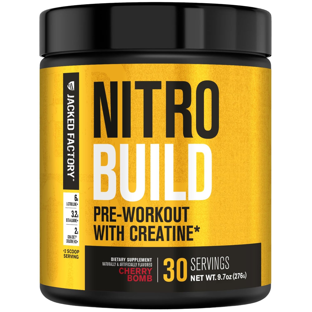 Jacked Factory envase frontal Nitrosurge Build mostrando sabor Cherry Bomb y beneficios