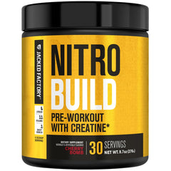 Jacked Factory envase frontal Nitrosurge Build mostrando sabor Cherry Bomb y beneficios
