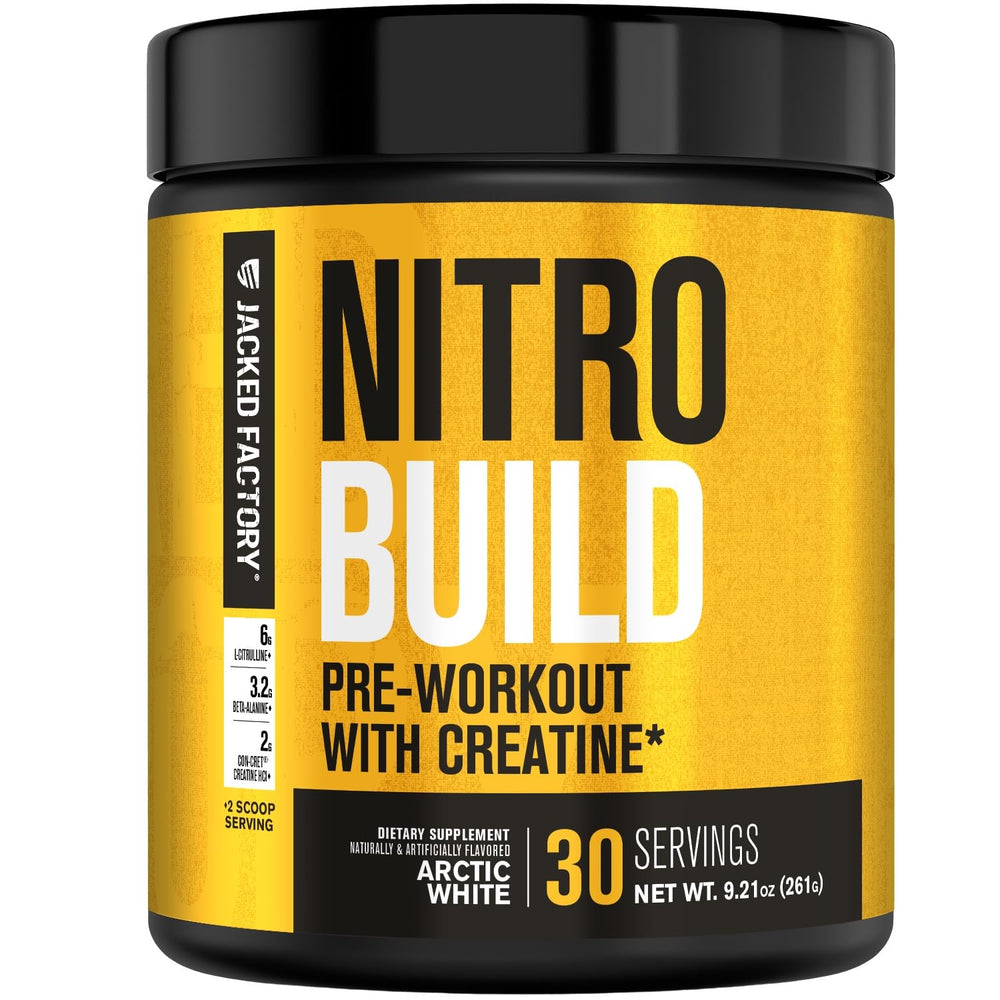 Jacked Factory Nitrosurge Build envase frontal mostrando el diseño y beneficio de energía