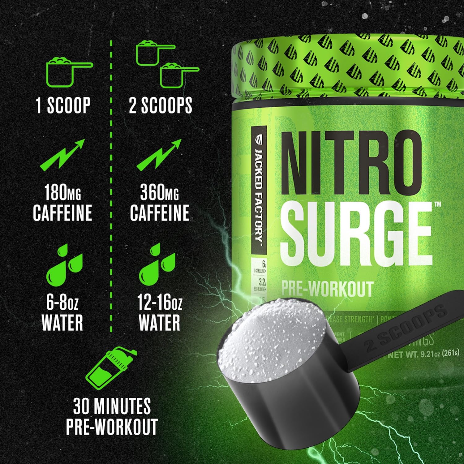 Jacked Factory NITROSURGE atleta en gimnasio tomando pre-entreno antes de levantar