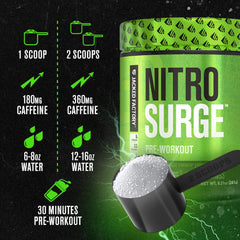 Jacked Factory NITROSURGE atleta en gimnasio tomando pre-entreno antes de levantar