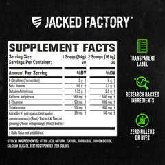 Jacked Factory etiqueta con lista de ingredientes y sello cGMP visible