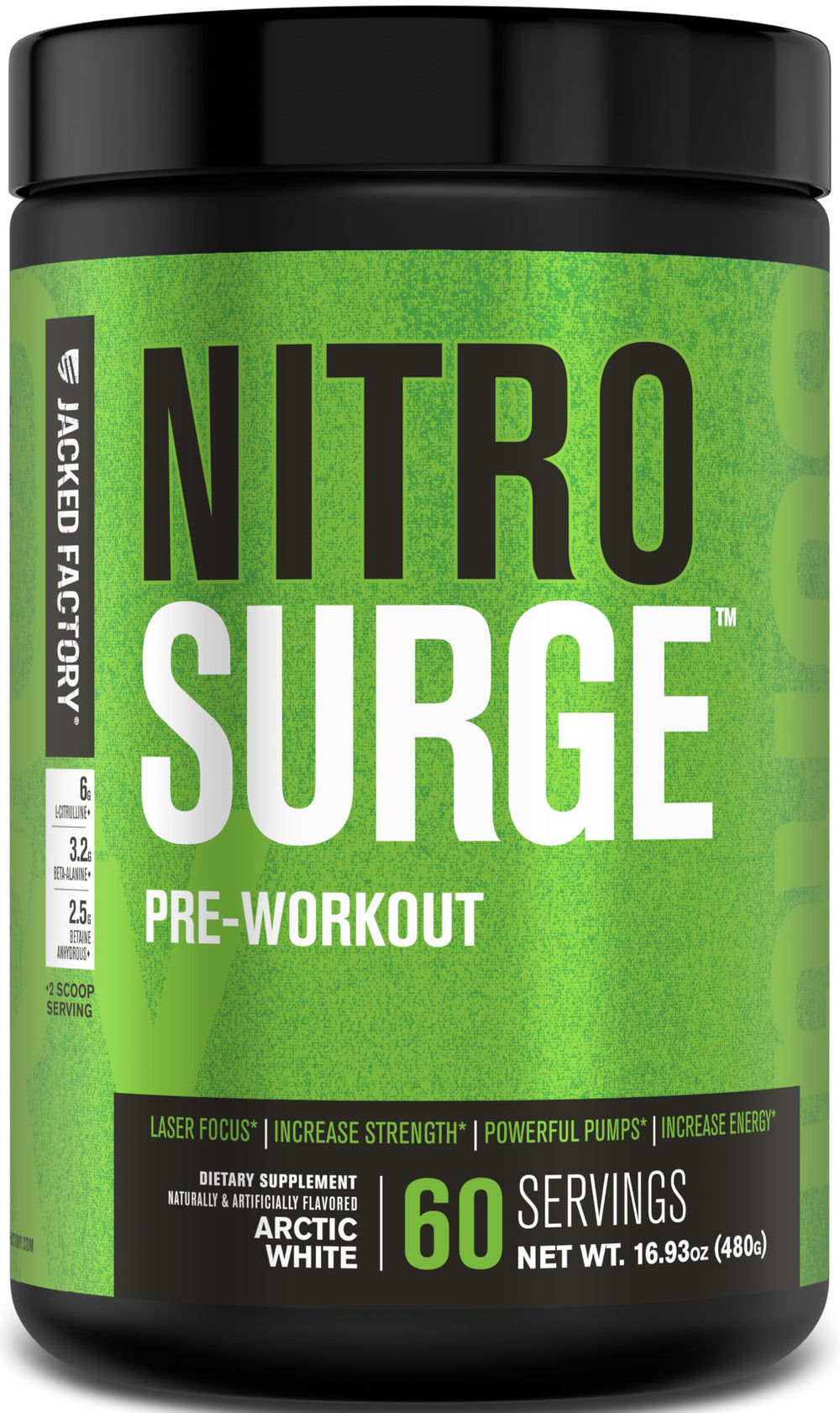 Jacked Factory Nitrosurge frente del envase mostrando la marca y energía rápida