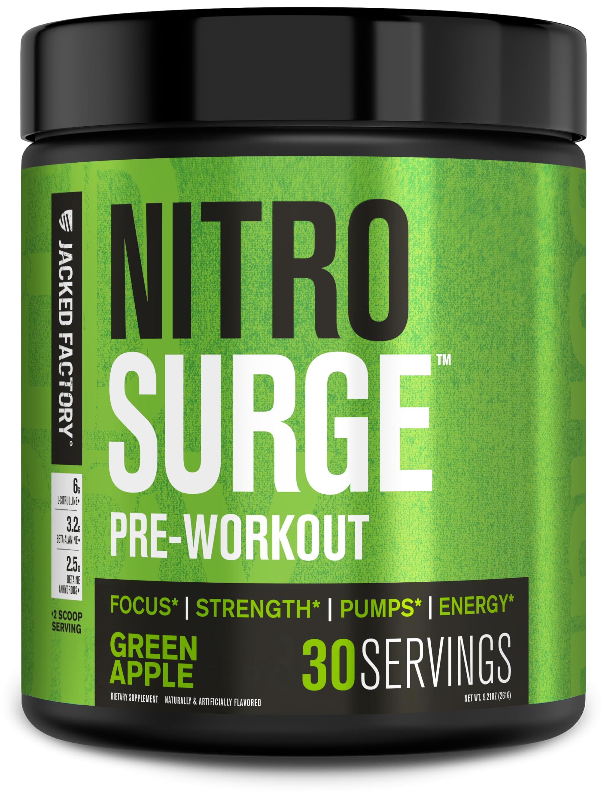 Jacked Factory NITROSURGE frente del envase mostrando sabor manzana verde y energía
