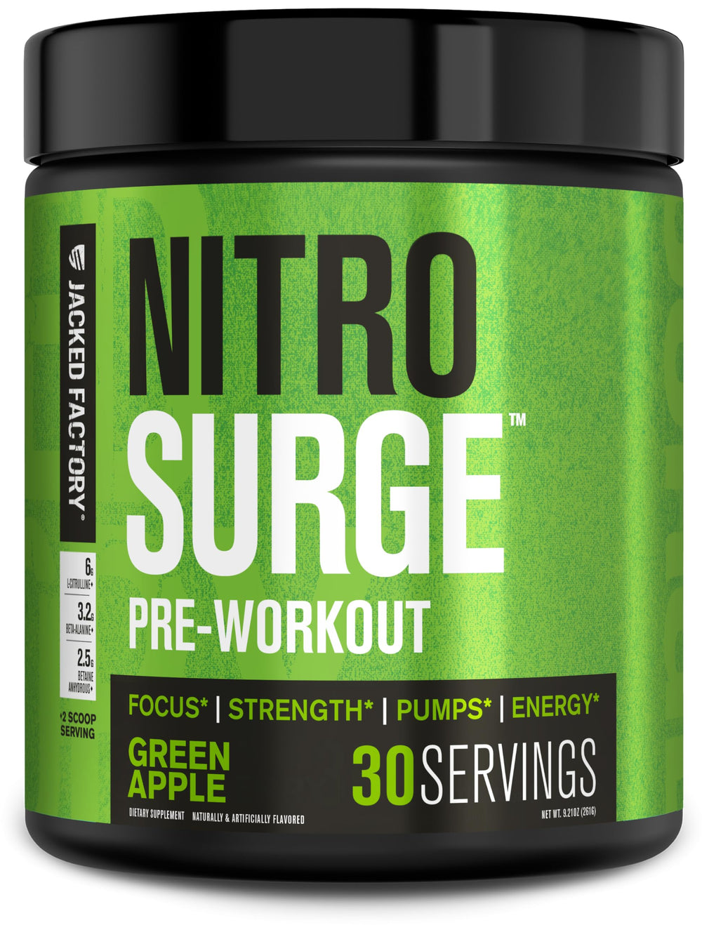 Jacked Factory NITROSURGE frente del envase mostrando sabor manzana verde y energía