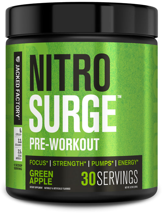 Jacked Factory NITROSURGE frente del envase mostrando sabor manzana verde y energía