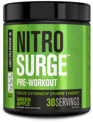 Jacked Factory NITROSURGE frente del envase mostrando sabor manzana verde y energía