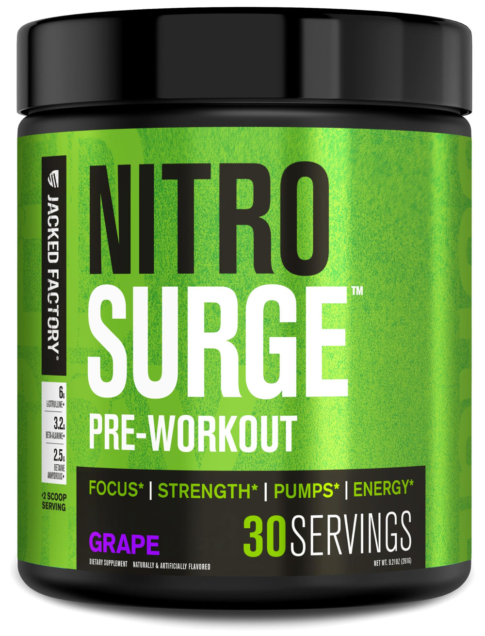 Jacked Factory Nitrosurge frente del envase mostrando sabor uva y beneficios