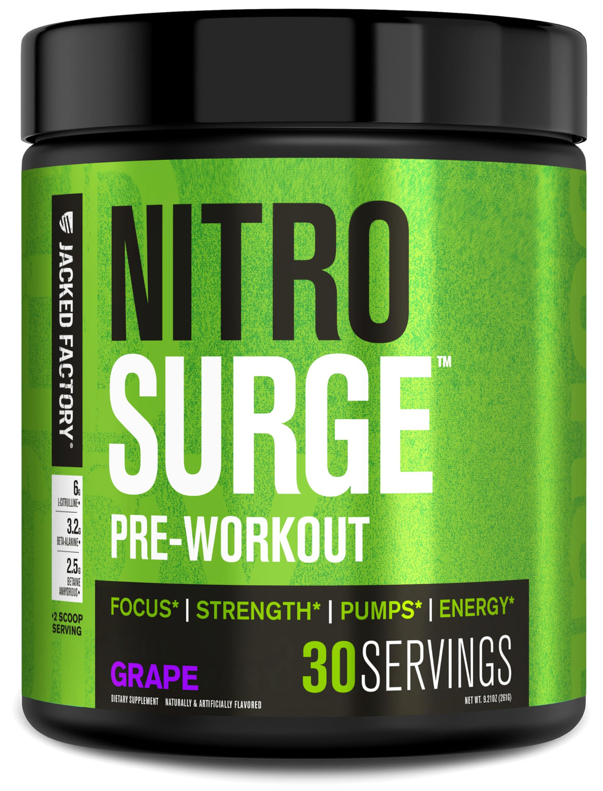 Jacked Factory Nitrosurge frente del envase mostrando sabor uva y beneficios