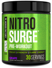 Jacked Factory Nitrosurge frente del envase mostrando sabor uva y beneficios