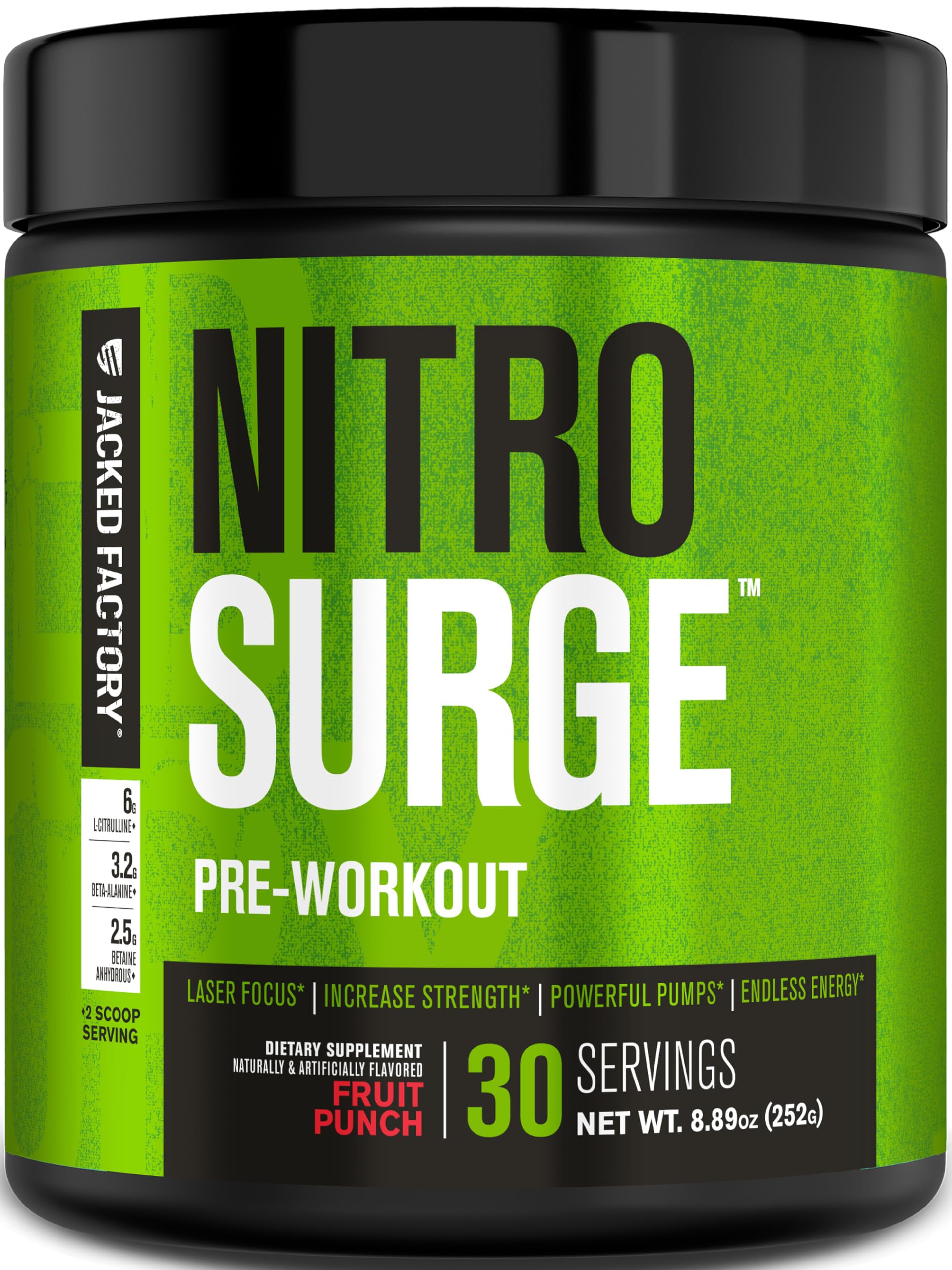 Jacked Factory envase Nitrosurge frontal mostrando presentación y sabor