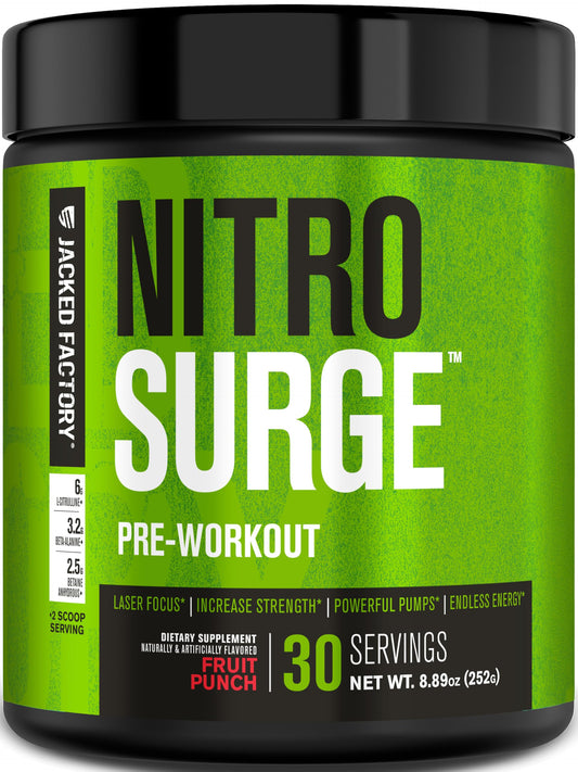 Jacked Factory envase Nitrosurge frontal mostrando presentación y sabor