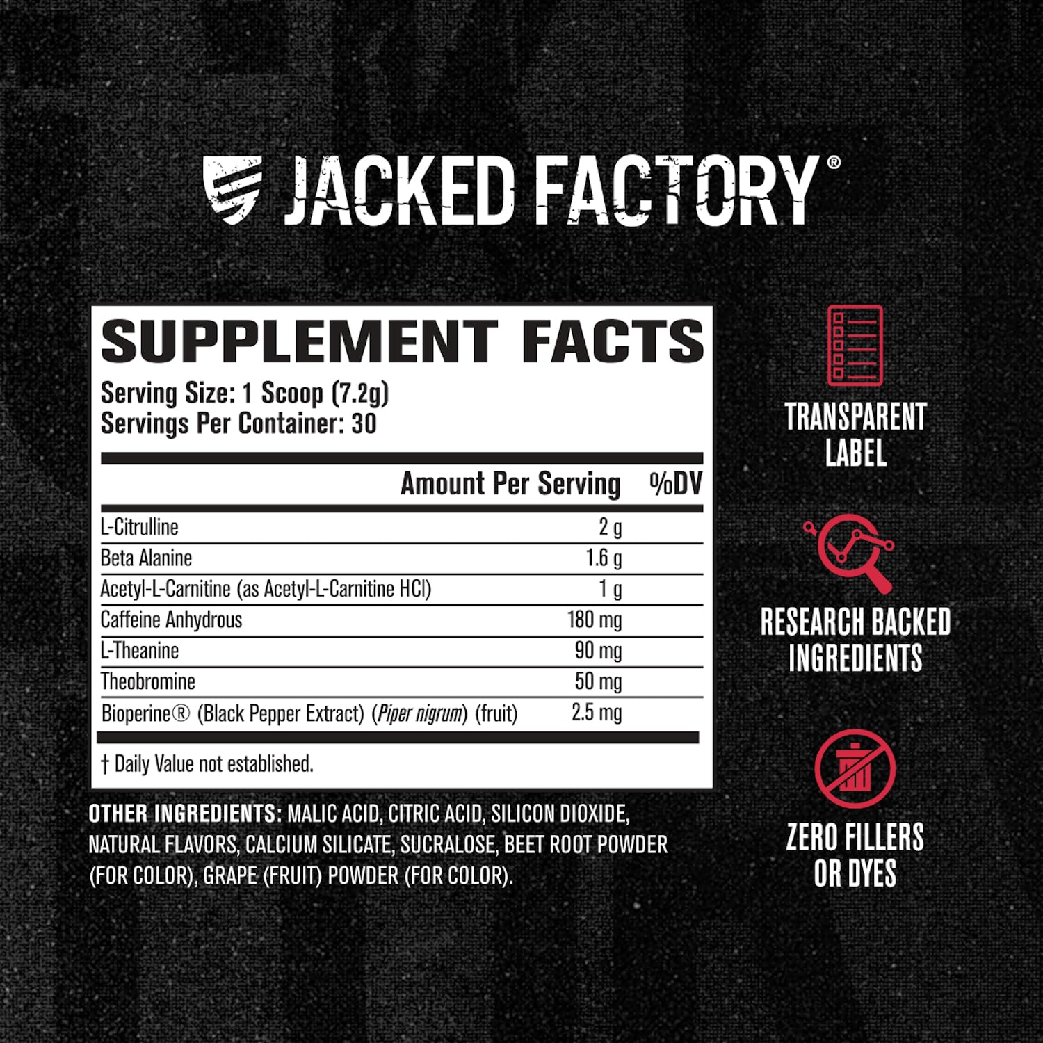 Etiqueta nutricional de Jacked Factory con ingredientes y transparencia