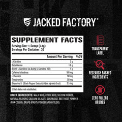 Etiqueta nutricional de Jacked Factory con ingredientes y transparencia