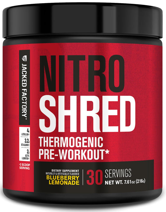 Jacked Factory NITROSURGE Shred envase frontal mostrando sabor Blueberry Lemonade