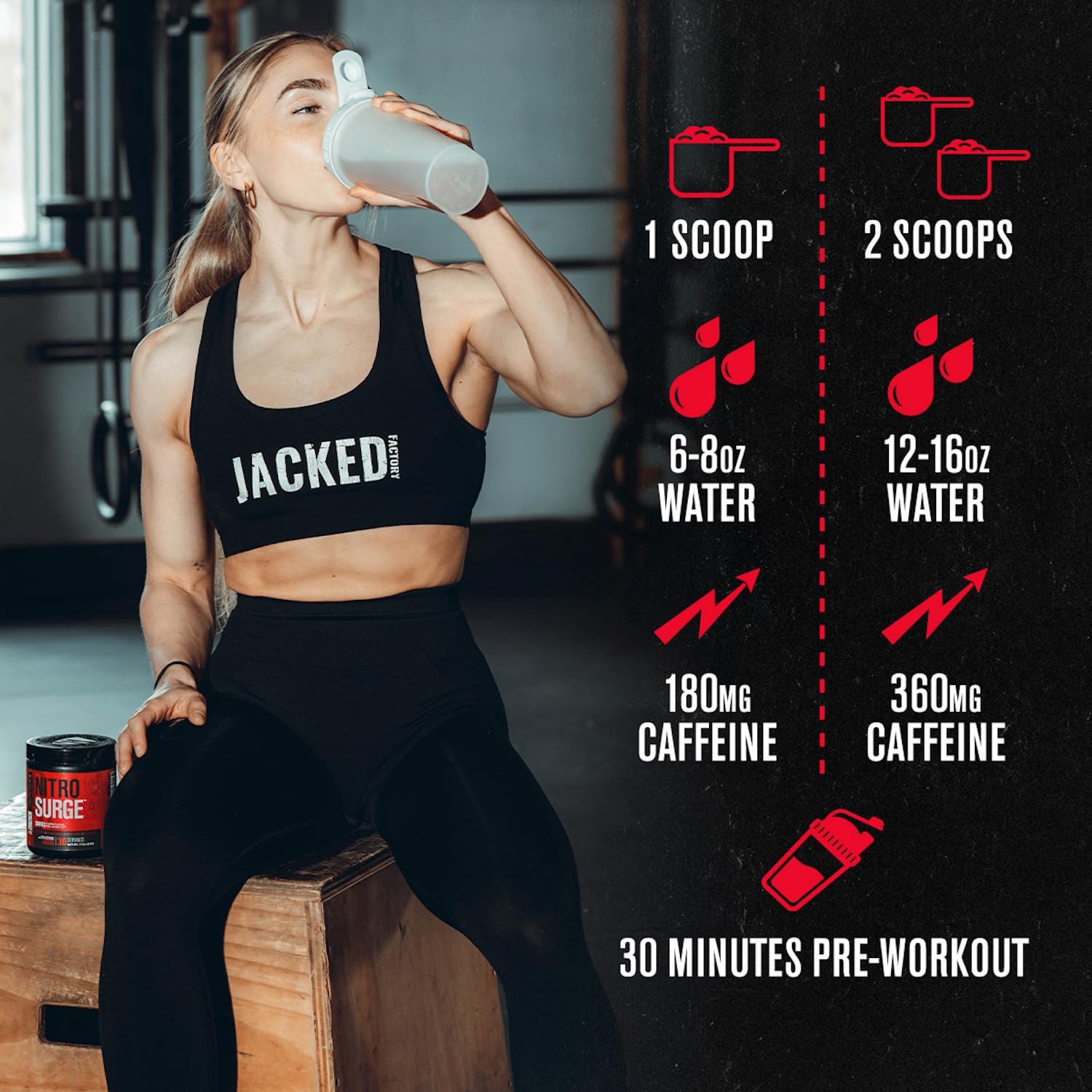 Escena lifestyle con Jacked Factory NITROSURGE Shred sabor naranja piña para motivación