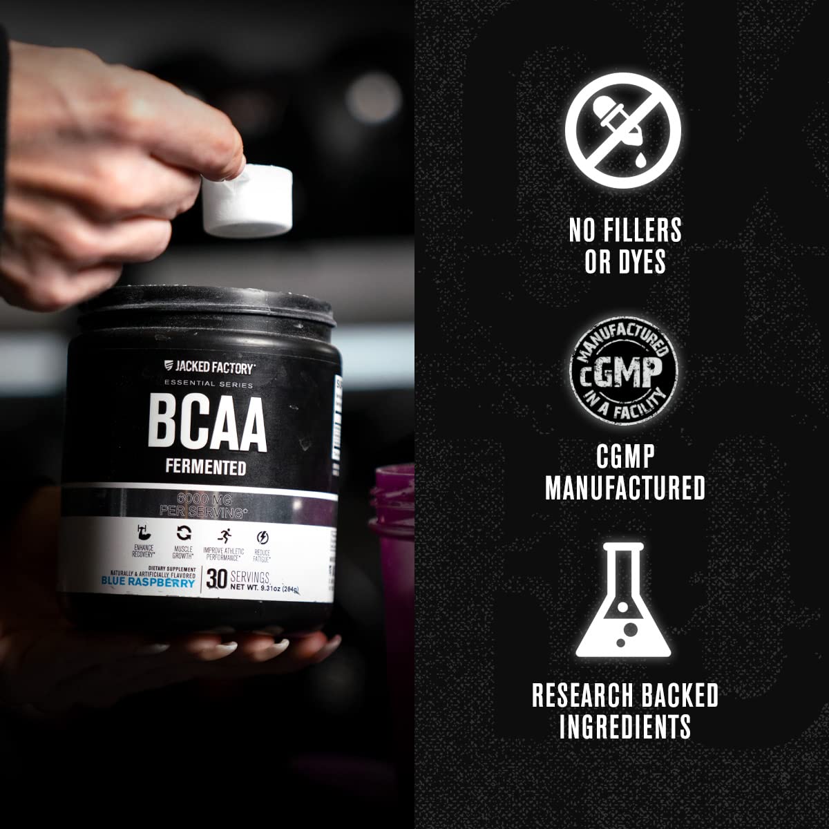 Jacked Factory porción servida cerca para destacar dosificación precisa y conveniencia