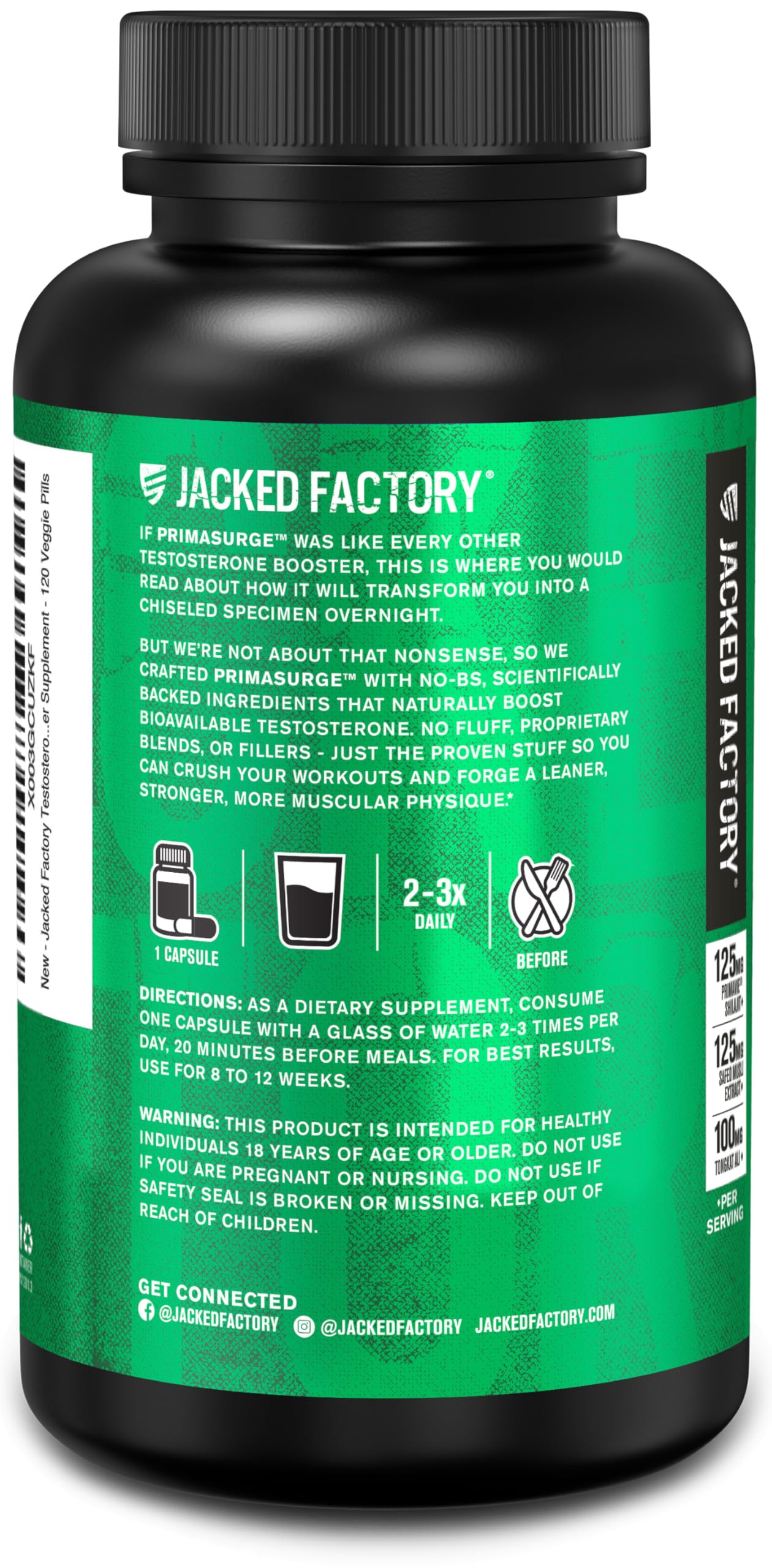 Jacked Factory PRIMASURGE extractos activos en primer plano (Tongkat Ali, PrimaVie), destaca ingredientes clave