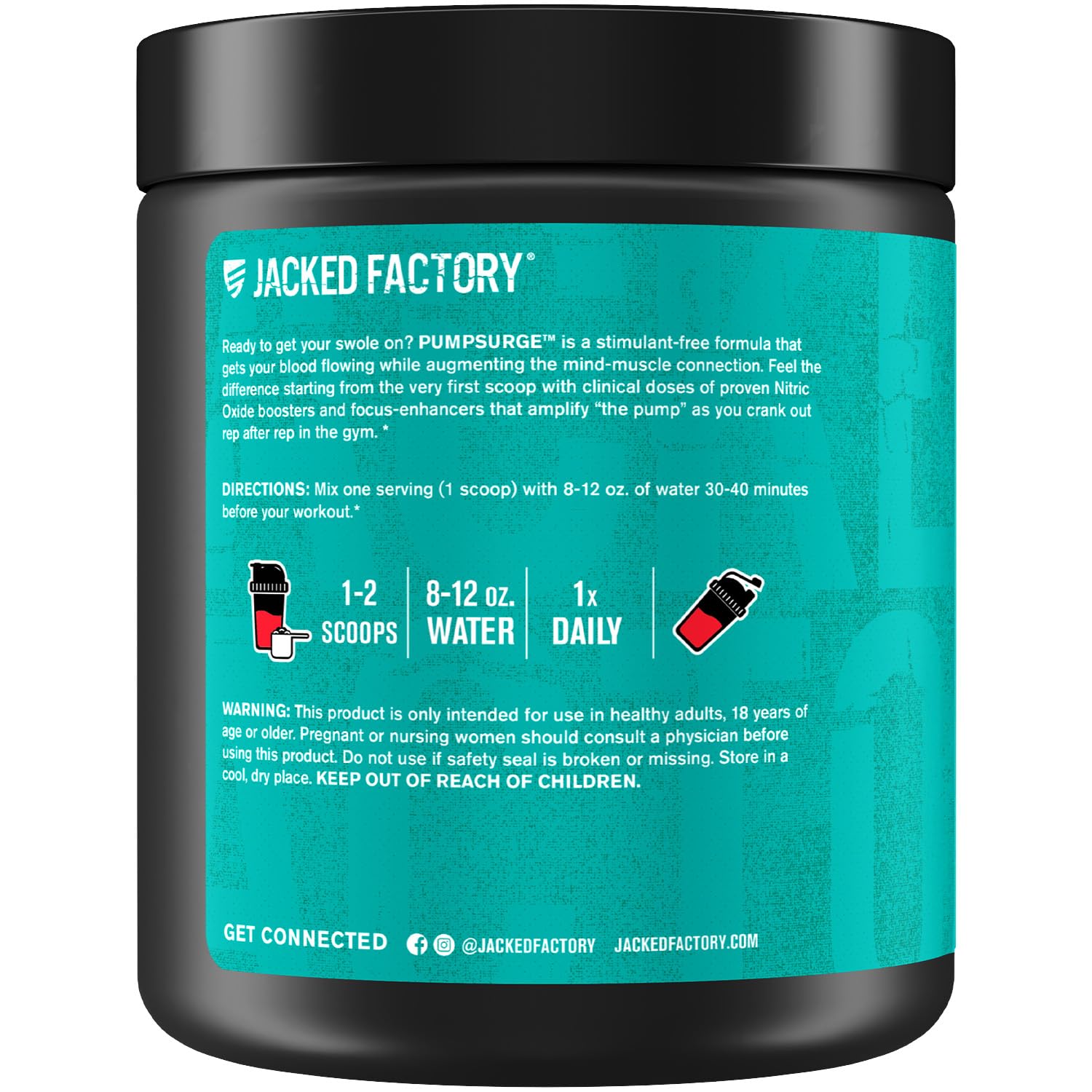 Caja abierta con envase de Pumpsurge y cucharilla, Jacked Factory presentación profesional